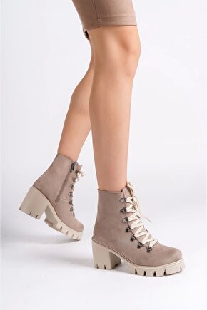 EMMA Bağcıklı Fermuarlı Ortopedik Taban Topuklu Süet Kadın Bot - Ten