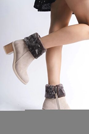 KATYA Fermuarlı Ortopedik Taban Topuklu Kürk Detaylı Süet Kadın Bot - Ten