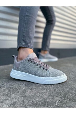 JY204 Flex Bağcıklı Keten Kumaş Erkek Günlük Sneaker Ayakkabı KBT - Gri