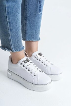 Mına Bağcıklı Ortopedik Taban Kadın Sneaker Spor Ayakkabı Cbt - Beyazgümüş