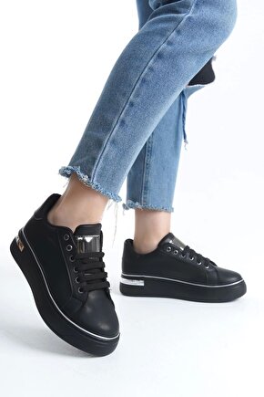 Mına Bağcıklı Ortopedik Taban Kadın Sneaker Spor Ayakkabı Cst - Siyahgümüş
