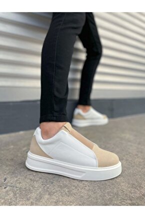 JY007 Alba Bağcıksız Süet Cilt Erkek Günlük Sneaker Ayakkabı SCBT BejBeyaz