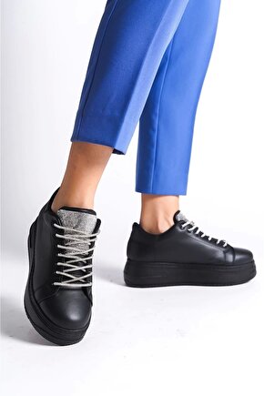 Della Bağcıklı Ortopedik Taban Taşlı Kadın Sneaker Spor Ayakkabı Cst - Siyah