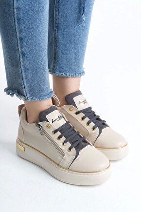Dına Bağcıklı Fermuarlı Ortopedik Taban Kadın Sneaker Spor Ayakkabı Ckt - Kremgrialtın