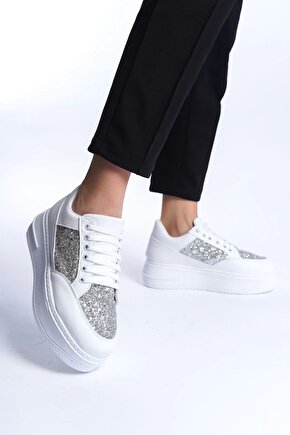 Mıpa Bağcıklı Ortopedik Taban Simli Kadın Sneaker Spor Ayakkabı Cbt - Beyaz