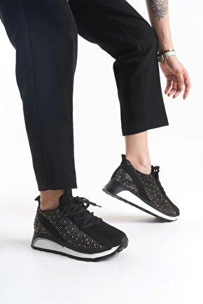 Alya Bağcıklı Ortopedik Taban Taşlı Kadın Sneaker Spor Ayakkabı Cbt - Siyah