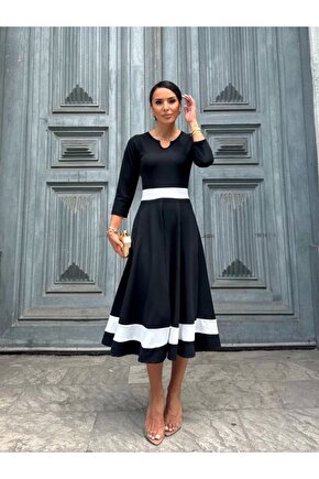 Kadın Truvakarkol Yakası Açık Blok Renkli Krep Midi Elbise