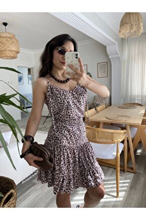 Kadın Askılı V Yaka Beli Pileli Leopar Desen Eteği Fırfırlı Süprem Elbise