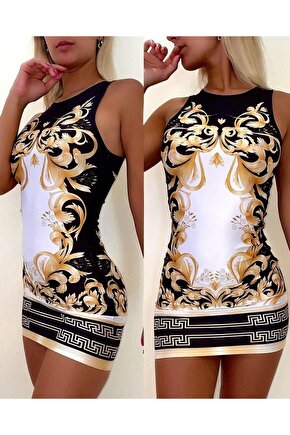 Moda Shop & Butik Kadın Sıfır Kollu Bisiklet Yaka Dijital Baskı Dalgıç Mini Elbise