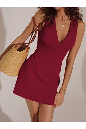 Moda Shop & Butik Kadın Sıfır Kollu Derin V Yakalı Janjan Krep Elbise