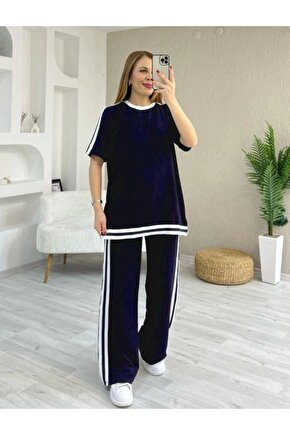 Kadın Kısa Kollu Bisiklet Yaka çift Renk şerit Detaylı Viskon Iki Iplik Bluz Ve Pantolon Ikili Takım