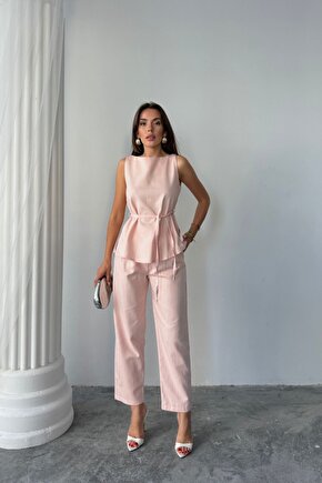 Gelirr Keten Bluz - Pantolon Takım Massimo Modelscreat Kumaş - Pudra