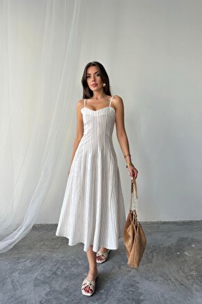 Moda Shop & Butik Simli Çizgili Askılı Elbise Midi Boy - Kahverengi