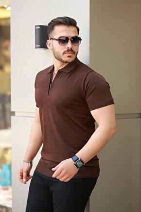 Erkek Göğüs Pirinç Desenli Fermuar Yakalı Kısa Kollu Tişört