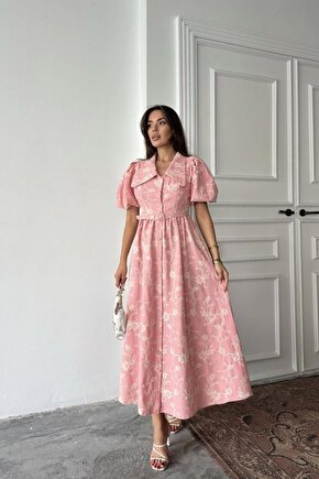 Equri Pembe Bebe Yaka Balon Kollu Elbise