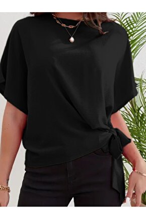 Moda Shop & Butik Kadın Kısa Kollu Bisiklet Yaka Yandan Bağlamalı Aerobin Bluz