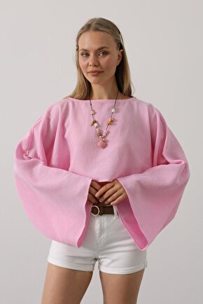 Moda Shop & Butik Yarasa Kollu Crop Bluz - Pembe