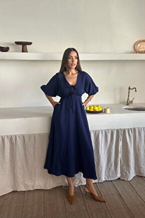 Moda Shop & Butik V Yaka Dökümlü Elbise - Lacivert