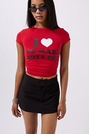 Gelirr Nakış Detay Baskılı Crop T-shirt