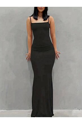 Kadın Kolsuz Askılı Bodycon Uzun Viskon Elbise