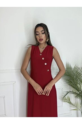 Kadın Düğme Detay Kolsuz Maxi Boy Elbise