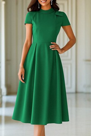 Moda Shop & Kadın Kısa Kollu Yarı Balıkçı Yaka Pileli Janjan Krep Midi Elbise