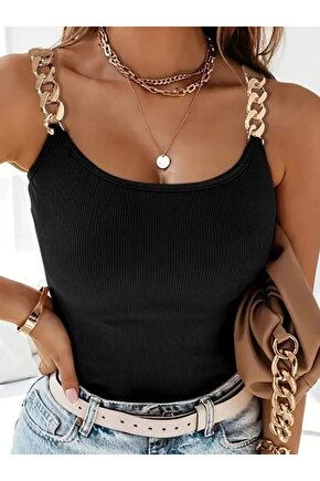 Kadın Kolsuz Zincir Askılı Kaşkorse Bodycon Bluz