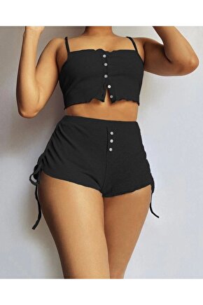 Kadın Ip Askılı Crop Bluz Ve Yanlardan Büzgülü Ikili Kaşkorse Short Takım