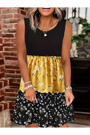 Moda Shop & Butik Kadın Askılı Yuvarlak Yaka Çiçek Baskılı Salaş Süprem Elbise