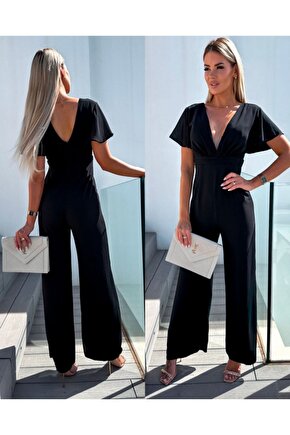 Moda Shop & Butik Kadın Kısa Kollu Kruvaze Yaka Sırt Dekolteli Pegasus Kumaş Tulum