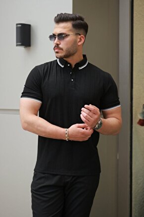 Moda Shop & Butik Erkek Düğme Yakalı Jakar Kumaş Kısa Kollu Tişört