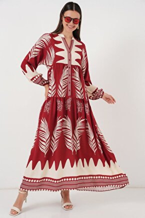 Myterrax 2423 Otantik Desenli Tesettür Elbise - G.bordo