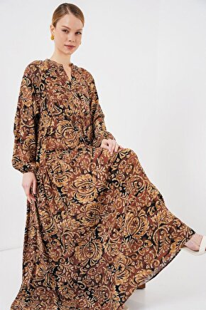 Gelirr 2423 Otantik Desenli Tesettür Elbise - Camel