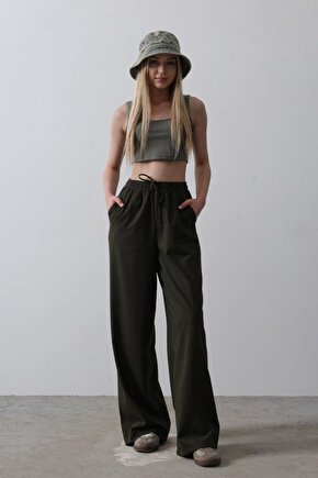 Mottisfashion Beli Lastikli Bol Paça Pantolon - Haki