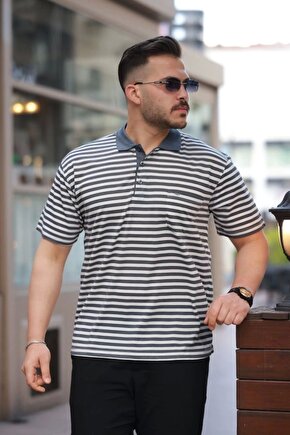 Erkek Yakalı çizgili Kısa Kollu T-shirt