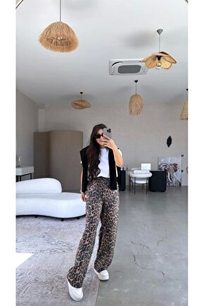 Kadın Saten Kumaş Leopar Desenli Pantolon