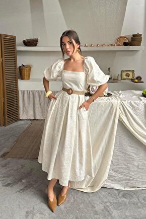 Moda Shop & Butik Bej Balon Kollu Brode Elbise