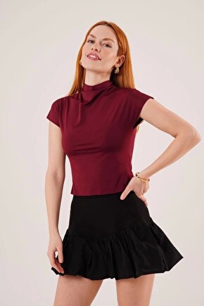 Boğazlı Parlak Kumaş Bordo Crop