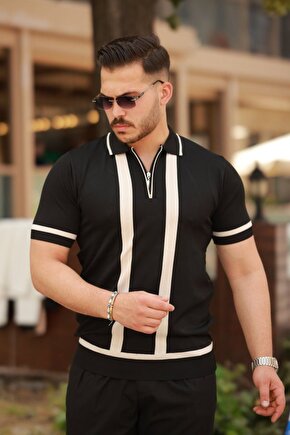 Moda Shop & Butik Erkek Fermuar Yakalı Şerit Detaylı Kısa Kollu Tişört