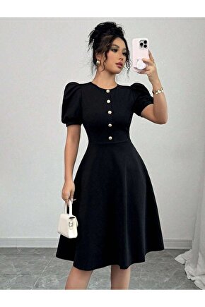 Moda Shop & Kadın Kısa Kollu Bisiklet Yaka Önden Düğmeli Ithal Krep Elbise