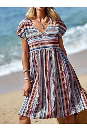Moda Shop & Butik Kadın Kısa Kollu V Yakalı Pile Detay Keten Elbise