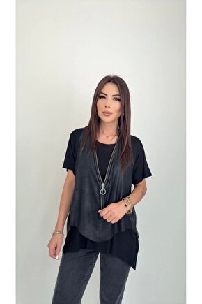 Kadın Kısa Kollu Yuvarlak Yaka Viskon Bluz + Kolsuz Fermuarlı çatlak Deri Yelek
