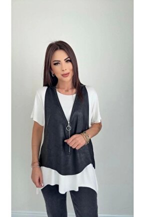 Kadın Kısa Kollu Yuvarlak Yaka Viskon Bluz Kolsuz Fermuarlı Çatlak Deri Yelek