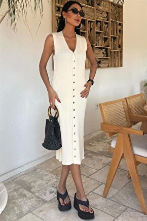 Mottisfashion Önü Düğmeli Fitilli Kolsuz Elbise 2832