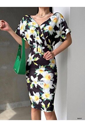Moda Shop & Butik Kadın Dalgıç Kumaş V Yaka Çiçek Desenli Kuşaklı Kalem Elbise