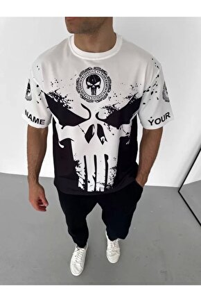 Unisex Bisiklet Yaka Baskılı Oversize T-Shirt - Beyaz