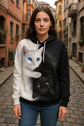 Moda Shop & Butik Kadın Uzun Kollu Kapşonlu Bağcıklı Kedi Desenli Şardonlu Dalgıç Bluz