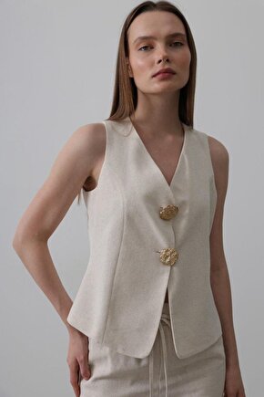 Moda Shop & Butik Düğme Detaylı Yelek - Krem