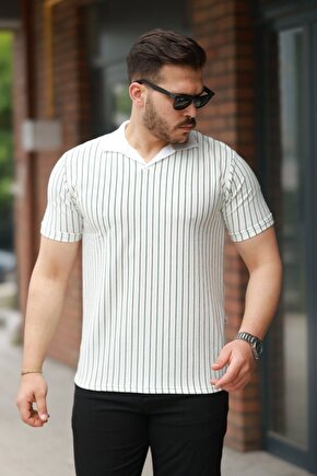 Moda Shop & Butik Erkek Yakalı Çizgi Desenli Kısa Kollu Tişört