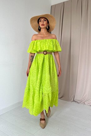 Moda Shop & Butik Yağ Yeşili Omzu Lastikli Brode Elbise
